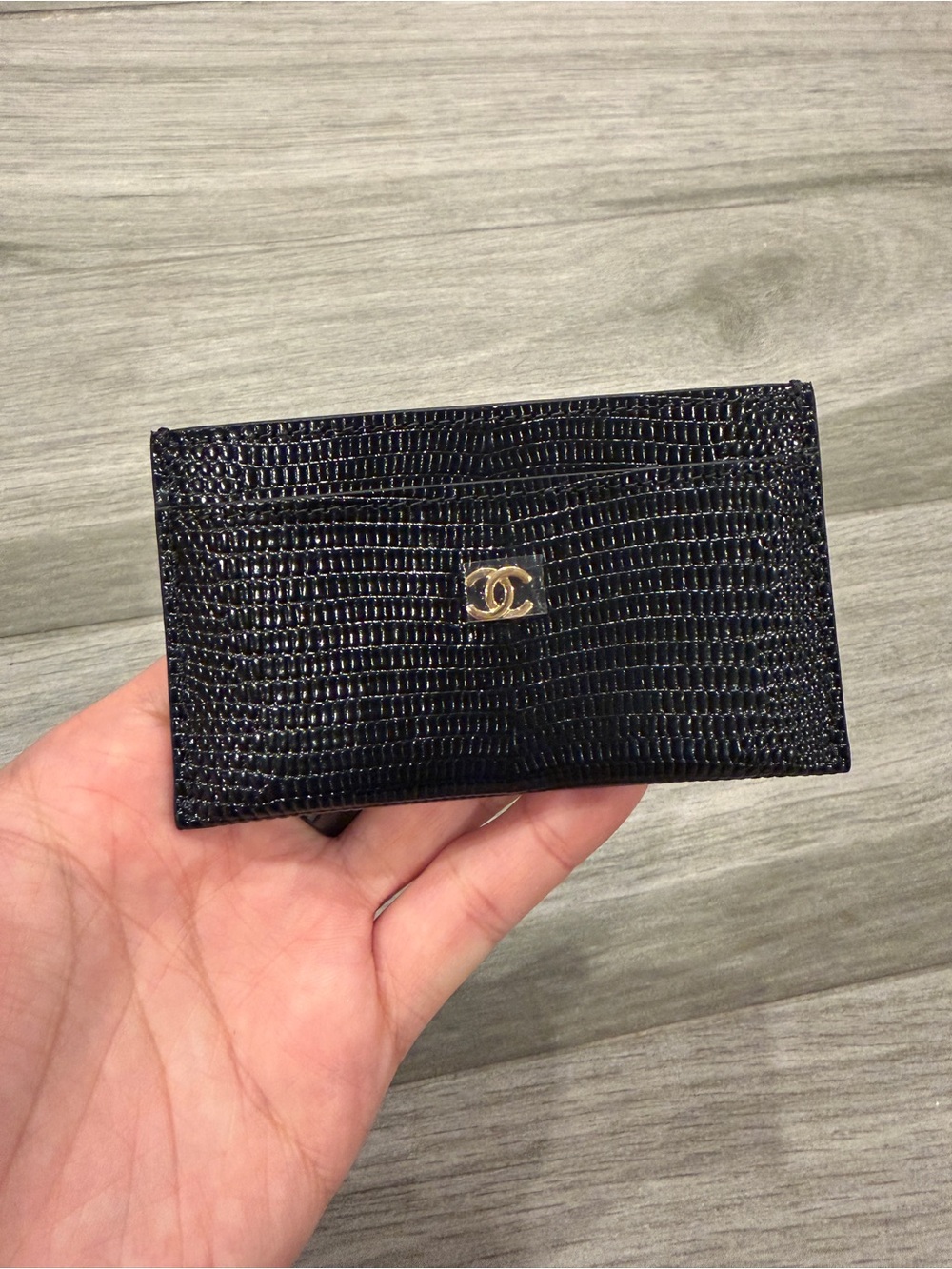 CHANEL 26A Black Lizard Embossed Calfskin Card Holder Wallet Gold Logo